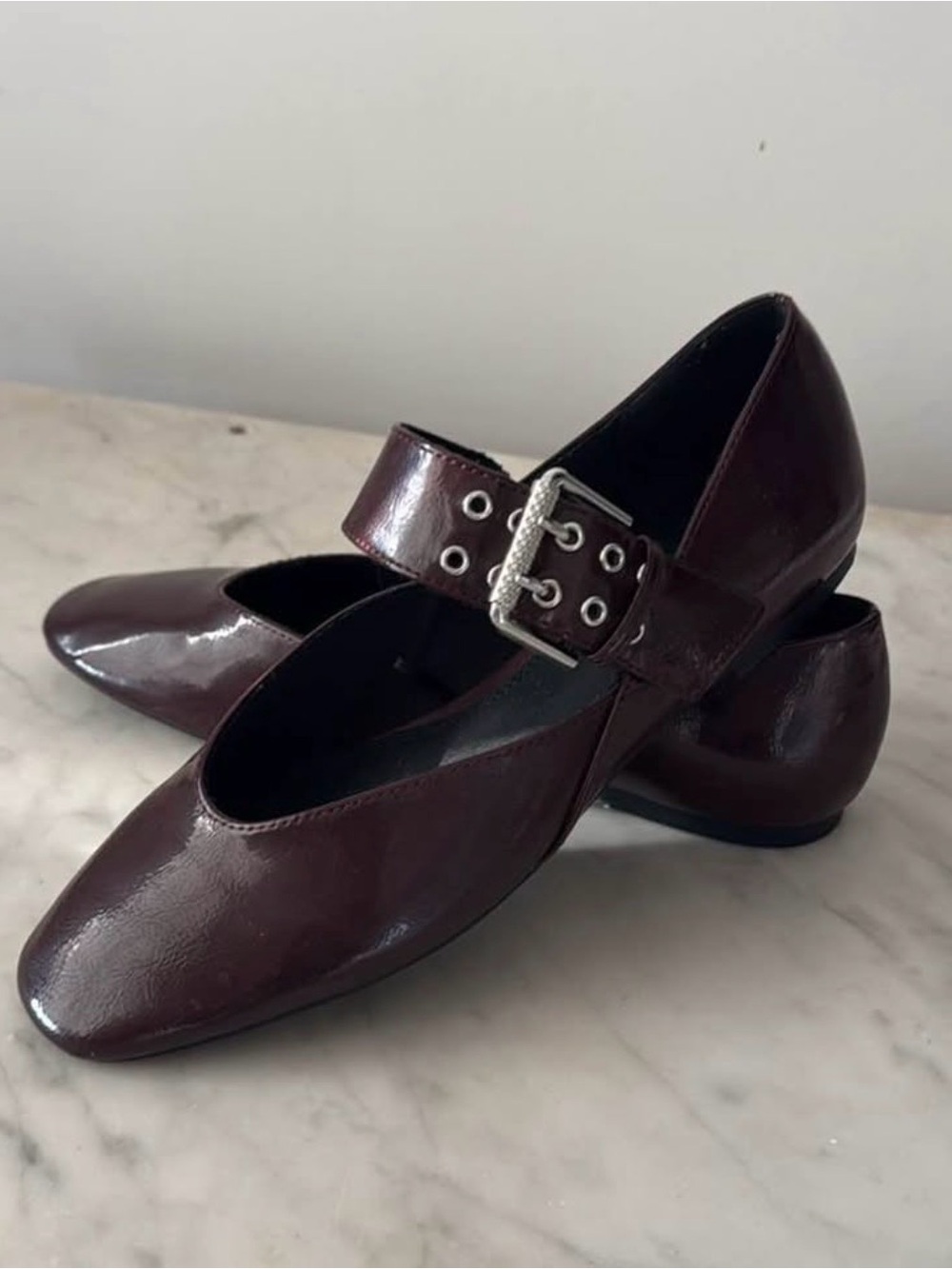 Zara Patent Mary Jane Flats in Dark Brown/red
